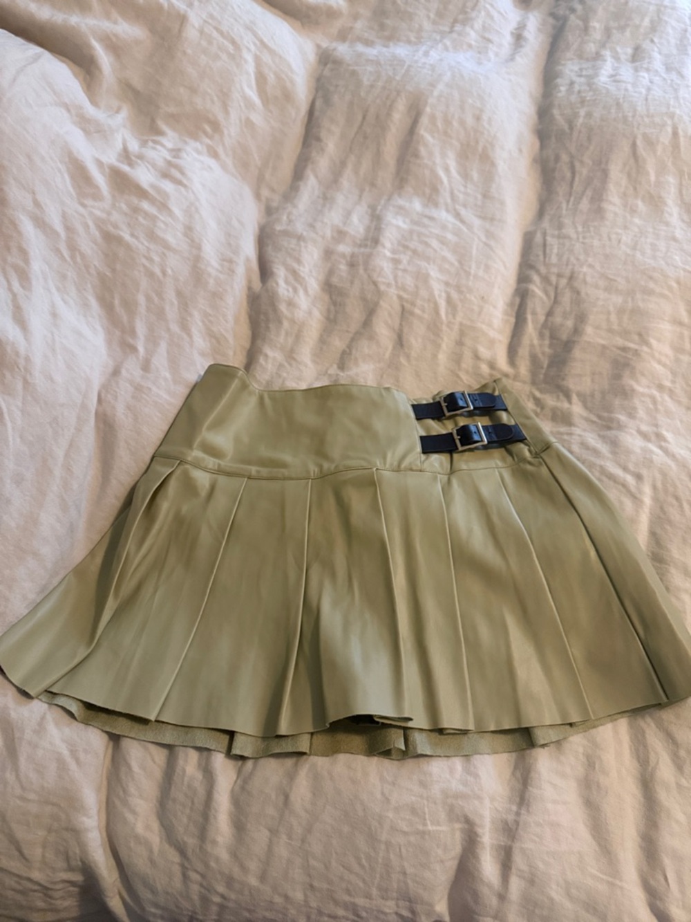WeWoreWhat Oat Pleated Vegan leather Mini Skort with Buckle Straps and shorts